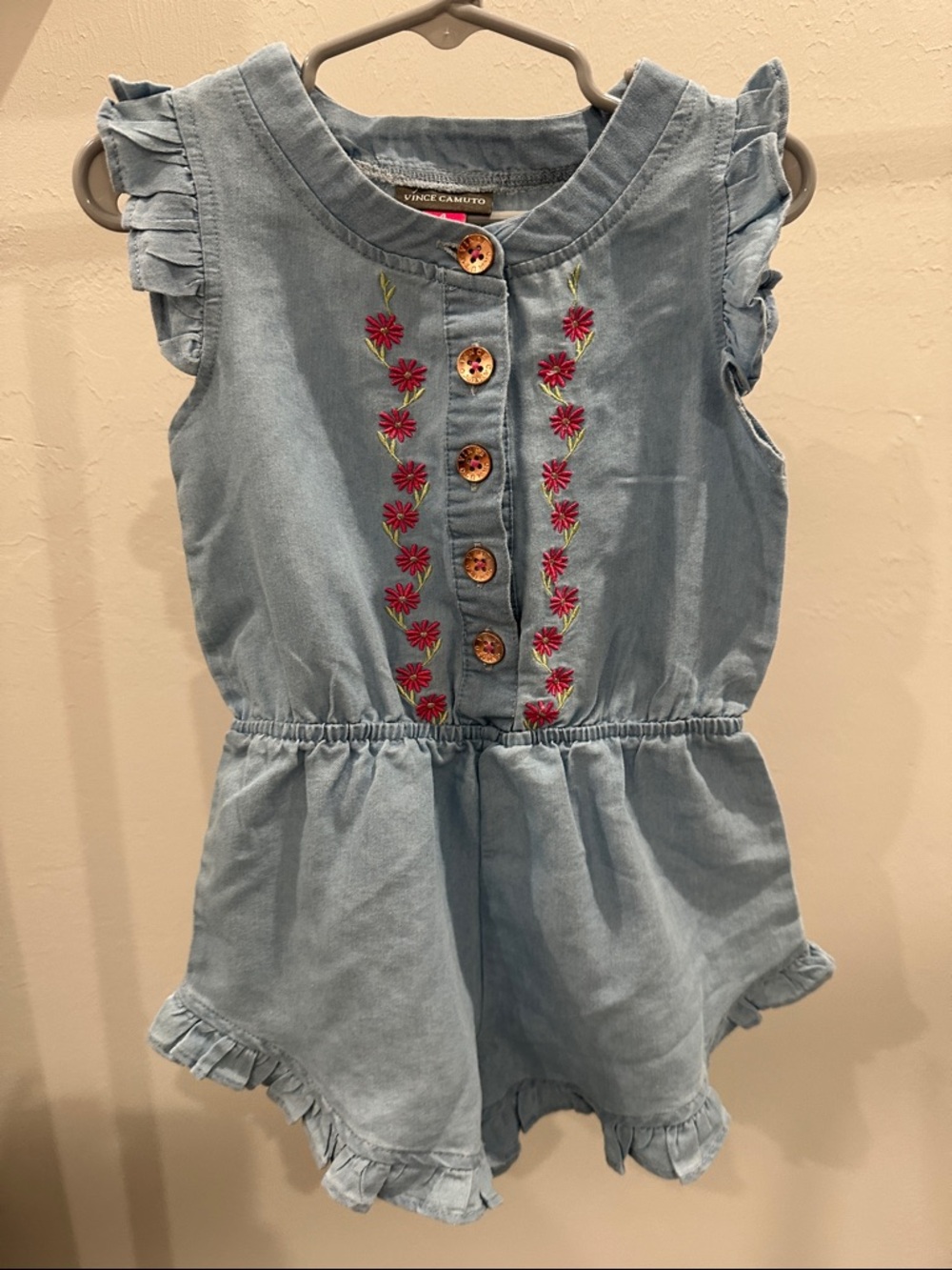 Vince Camuto Light Blue Chambray Romper with Pink Floral Embroidery